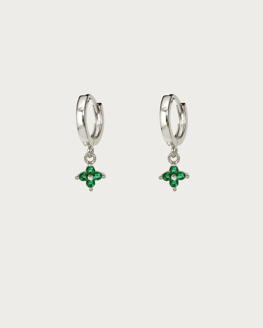 Green Clover Hoop Earrings in Silver