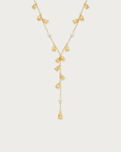 Lily of the Valley Pearl Lariat Necklace in Silver