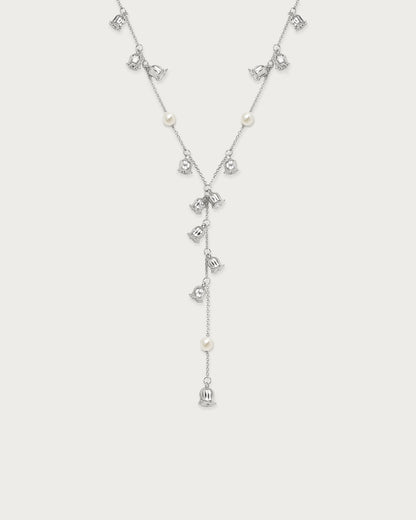 Lily of the Valley Pearl Lariat Necklace in Silver